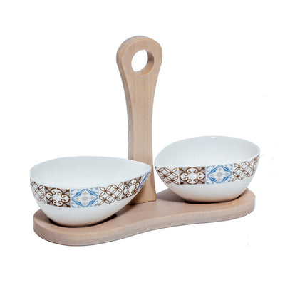 Antipastiera Madrhelen Tiles in porcellana con due ciotole a forma di goccia decorate con motivi tiles, dimensioni 19x15 cm.