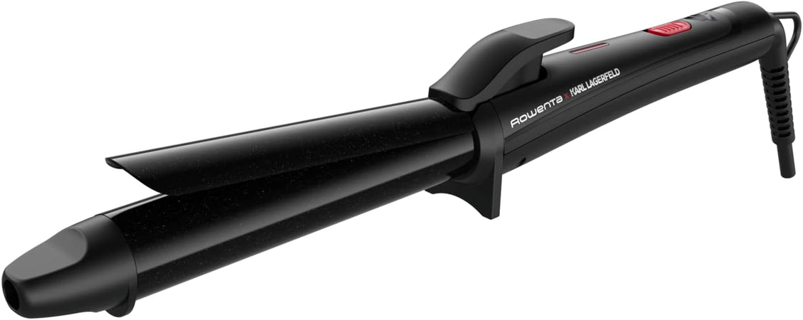Rowenta x Karl Lagerfeld CF321L Ferro Arricciacapelli, 25 mm, Rivestimento Cheratina Lucente, Onde e Ricci Naturali, Temperatura Costante 200C, Riscaldamento rapido, Punta fredda, Nero/Rosso