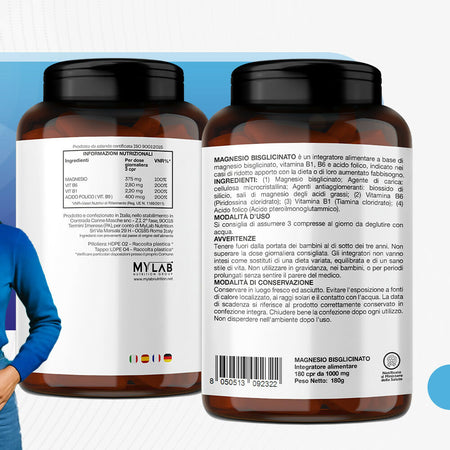 T-Rex Integratori Magnesio Bisglicinato 375mg con Vitamina B6, B1 e Acido Folico - 180 compresse - Sistema nervoso, Energia, Muscoli e Ossa