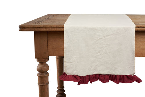 Runner da tavola in 100% puro lino lavato delavè stone washed morbido resistente elegante made in italy Avorio con Frou Frou Bordeaux
