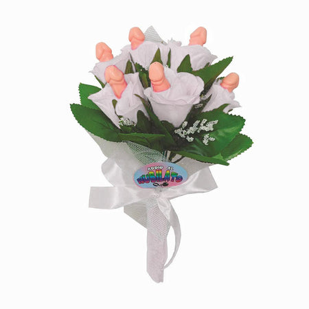 Bouquet di fiori bianchi da sposa per la festa sexy di addio al nubilato con pisellini hot party gadget per adulti 18+