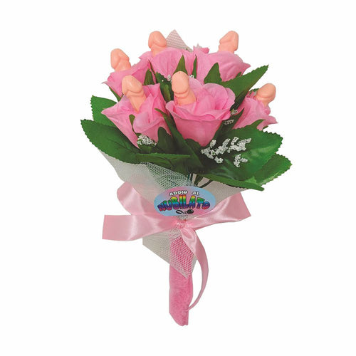 Bouquet di fiori rosa da sposa per la festa sexy di addio al nubilato con pisellini hot party gadget per adulti 18+
