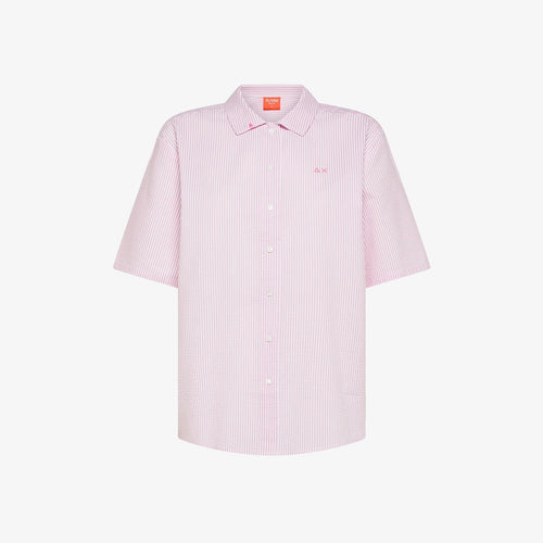 Camicia donna Sun68 a righe bianco fuxia in misto cotone con maniche corte
