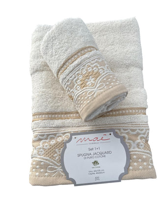Set Asciugamani 1+1 Romantica Via Roma 60 – Spugna di Cotone Jacquard 420 gr/m²