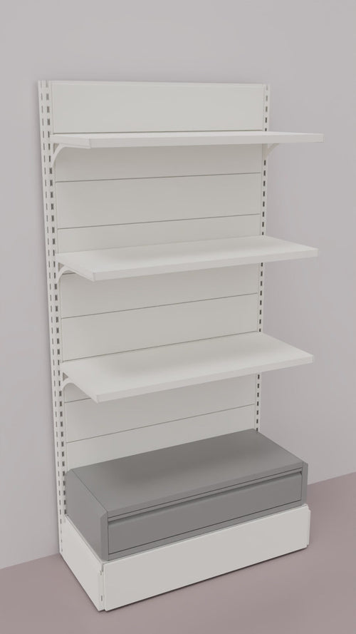 Scaffalatura verniciata a parete con cassetto basso a scorrimento su cuscinetti in PVC cm. 100x40x200h