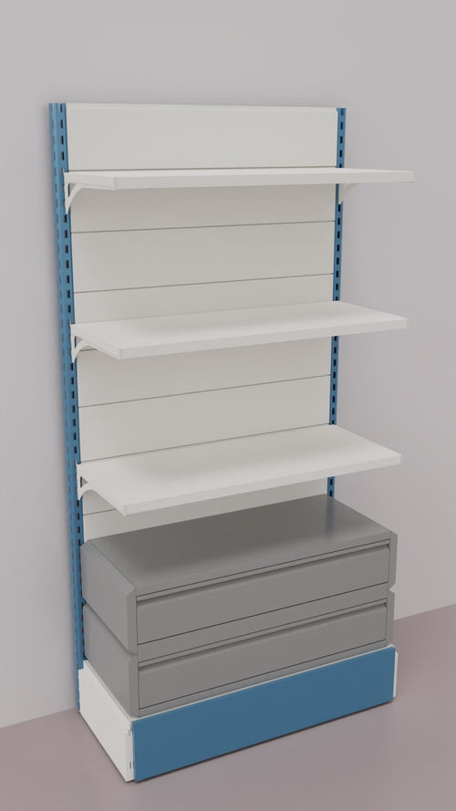 Scaffale da negozio con 2 cassetti inferiori a scorrimento su cuscinetti in PVC cm. 100x40x200h