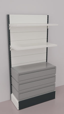 Scaffalatura verniciata da negozio con 3 cassetti a scorrimento su cuscinetti in PVC cm. 100x40x200h