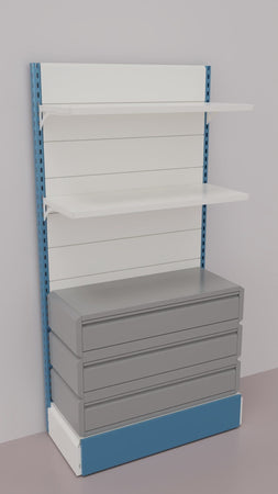 Scaffalatura verniciata da negozio con 3 cassetti a scorrimento su cuscinetti in PVC cm. 100x40x200h