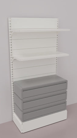 Scaffalatura verniciata da negozio con 3 cassetti a scorrimento su cuscinetti in PVC cm. 100x40x200h