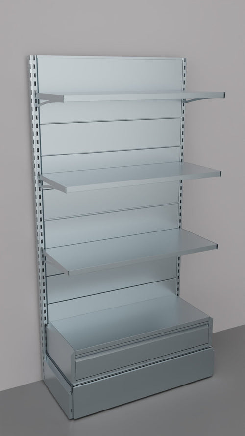 Scaffalatura da negozio zincata con cassetto basso a scorrimento su cuscinetti in PVC cm. 100x40x200h