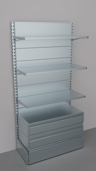 Scaffale con 2 cassetti inferiori a scorrimento su cuscinetti in PVC, per negozio cm. 100x40x200h