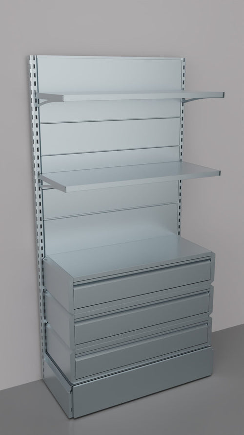 Scaffalatura da negozio zincata con 3 cassetti a scorrimento su cuscinetti in PVC cm. 100x40x200h