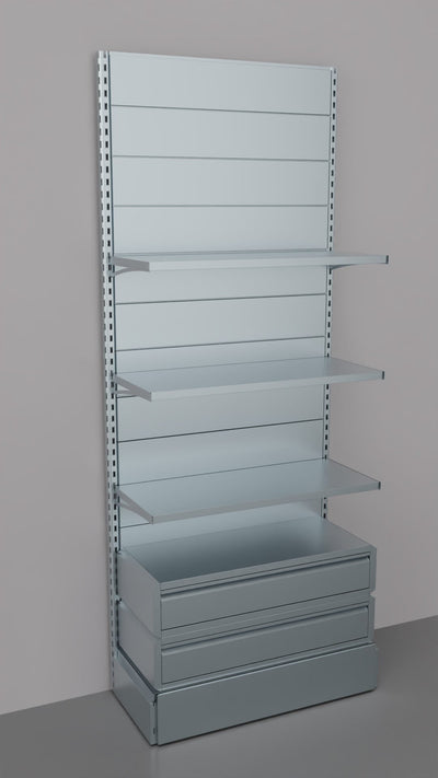 Scaffale con 2 cassetti inferiori a scorrimento su cuscinetti in PVC, per negozio cm. 100x40x250h