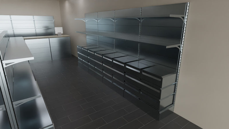 Scaffale da negozio zincato con 6 cassetti a scorrimento su cuscinetti in PVC cm. 100x40x250h