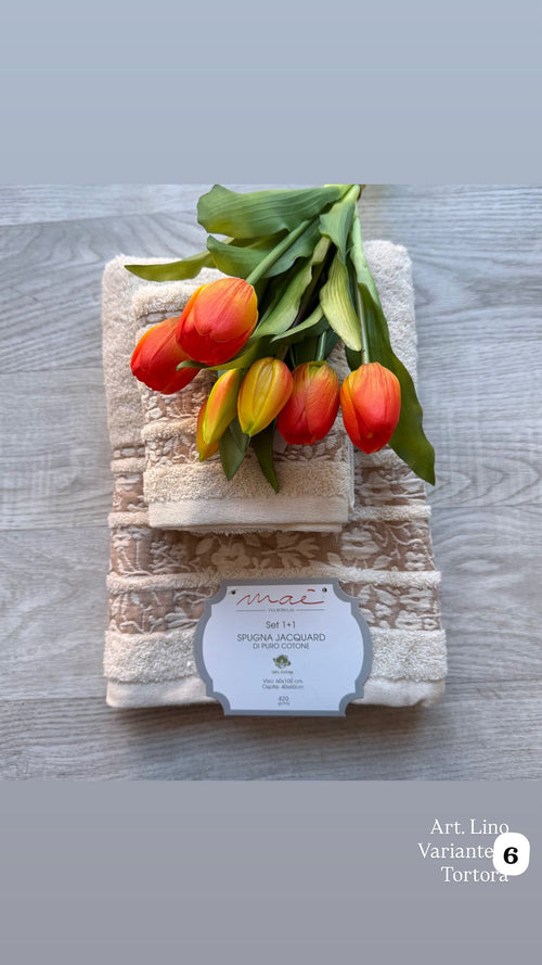Set Asciugamani 1+1 Via Roma 60 Lino – Spugna di Cotone Jacquard 420 gr/m²