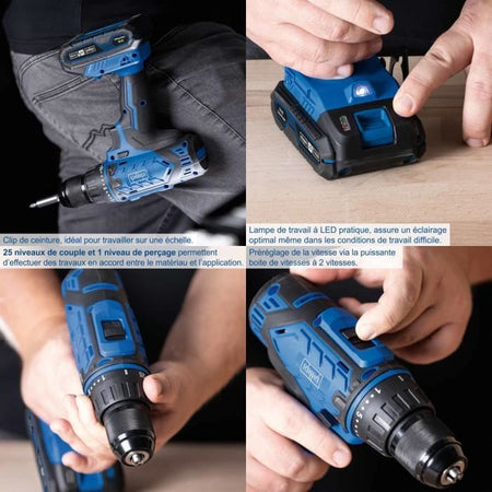 Trapano avvitatore a batteria 20V IXES + 1 batteria da 2 Ah, caricabatteria, scatola con 74 accessori - C-DTB74/1-X