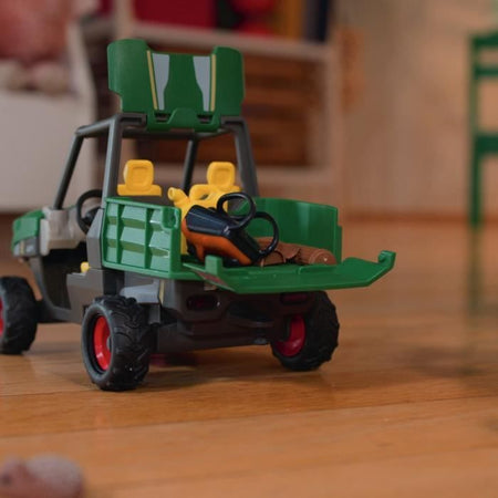 Guardia forestale con veicolo, baule Schleich con 1 veicolo con trieul, 1 statuetta umana articolata, 1 statuetta di cane, per bambini