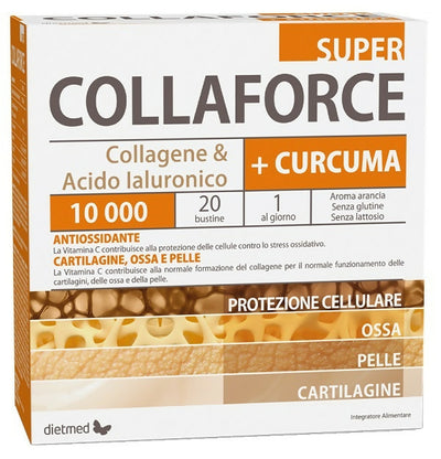 Collaforce Super 10.000+Curcuma 20 bustine Dietmed. Integratore alimentare con ac. ialuronico, collagene e curcuma a sostegno delle ossa, articolazioni e cartilagine