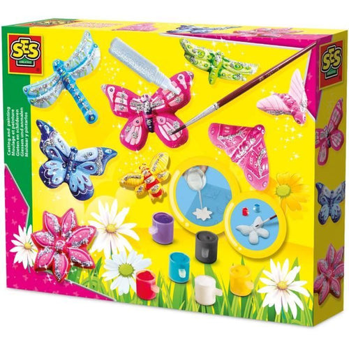 Stampaggio e pittura - Farfalla e glitter - SES CREATIVE - Stampo grande, 6 colori di pittura, pennello, glitter e gesso
