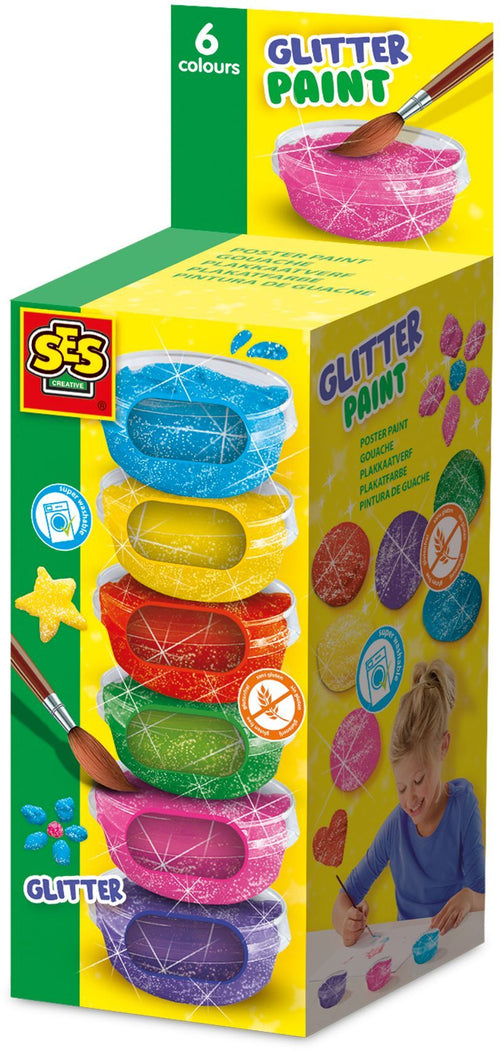 Guazzo glitter (6x45ml) - SES CREATIVE - Buona qualità, colori brillanti e coprenti - Packaging pratico e compatto
