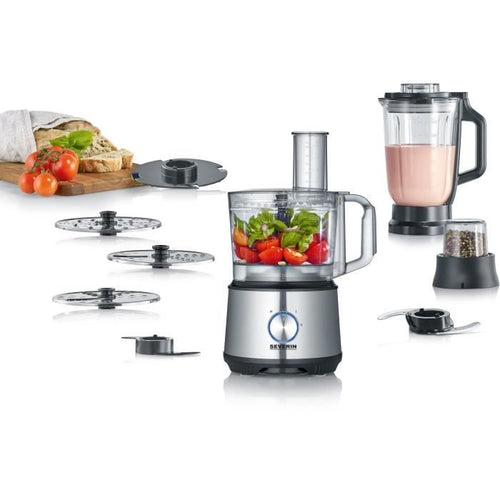 SEVERIN KM3892 Robot da Cucina Multifunzione - 1200 W - Acciaio Inox e Nero - Frullatore 1,5 L - 2 Velocità + Impulsi