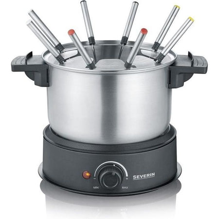 SEVERIN FO2473 Fonduta elettrica 8 persone con pentola in acciaio inox estraibile, Incluso: Paraspruzzi e 8 forchette