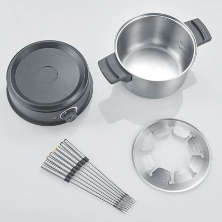 SEVERIN FO2473 Fonduta elettrica 8 persone con pentola in acciaio inox estraibile, Incluso: Paraspruzzi e 8 forchette