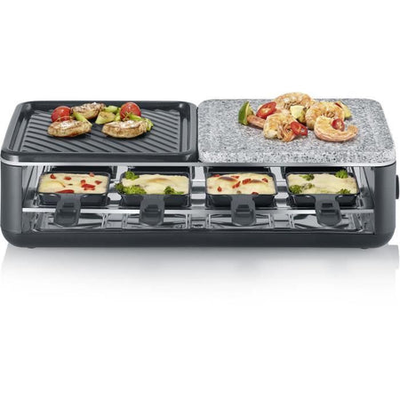 Raclette Grill - SEVERIN - RG2366 - 8 persone. - Piastra di cottura in pietra naturale e reversibile - 8 teglie - Nero