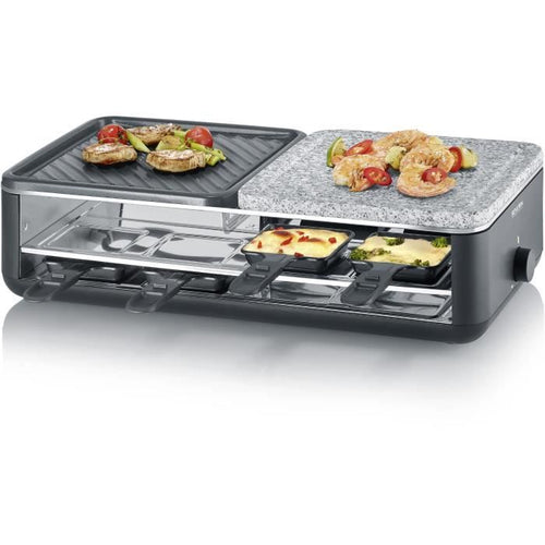 Raclette Grill - SEVERIN - RG2366 - 8 persone. - Piastra di cottura in pietra naturale e reversibile - 8 teglie - Nero