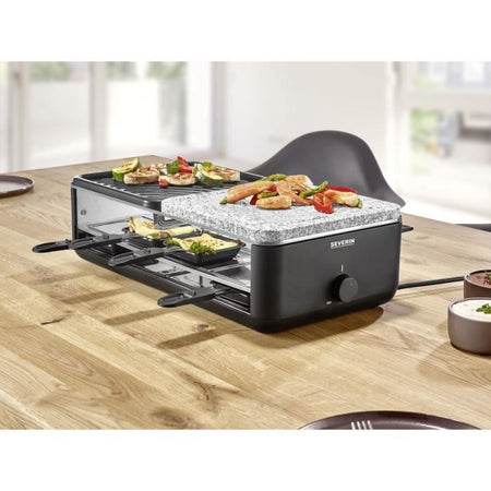 Raclette Grill - SEVERIN - RG2366 - 8 persone. - Piastra di cottura in pietra naturale e reversibile - 8 teglie - Nero