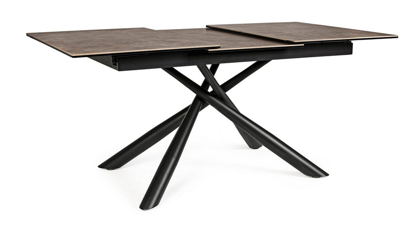 Tavolo allungabile Seyfert con struttura in acciaio, piano in ceramica e supporto in vetro