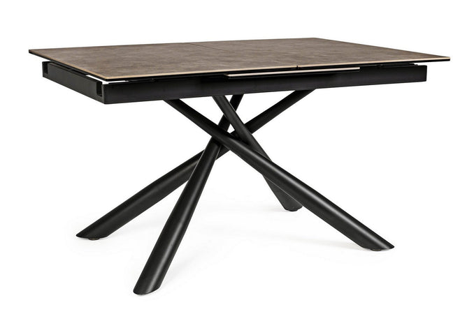 Tavolo allungabile Seyfert con struttura in acciaio, piano in ceramica e supporto in vetro