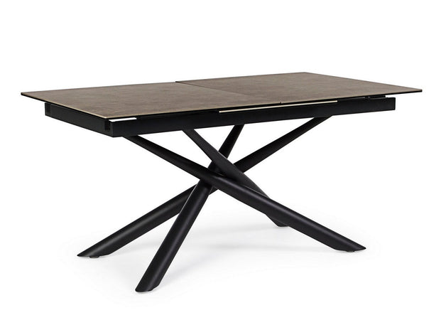 Tavolo allungabile Seyfert con struttura in acciaio, piano in ceramica e supporto in vetro