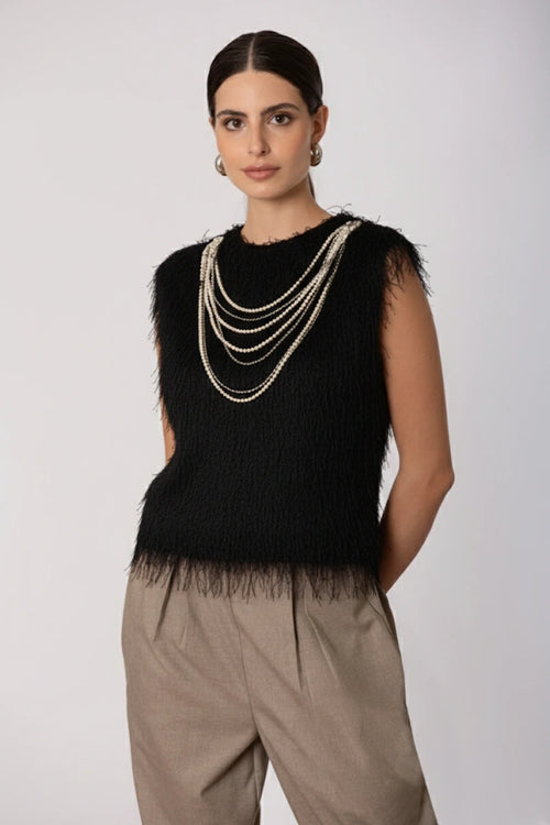 SISTE'S | Top piume smanicato con collana e fiocco