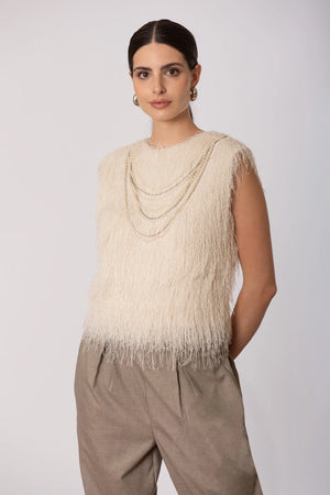 SISTE'S | Top piume smanicato con collana e fiocco