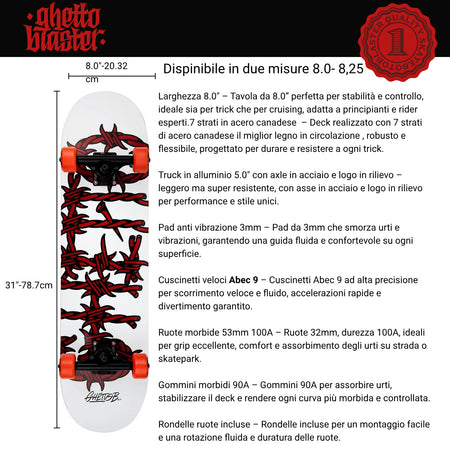 Skateboard Ghettoblaster per iniziare Barded Wire Red  8.25"