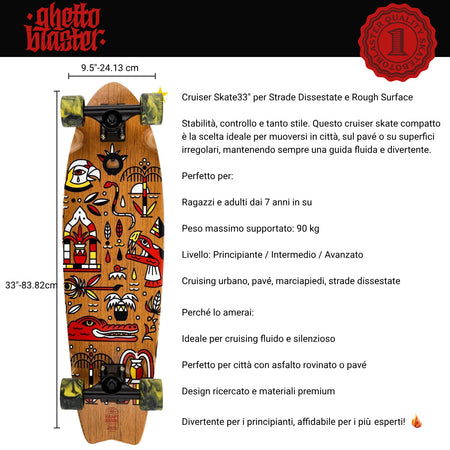 Skateboard Cruiser Ghettoblaster  Teak Geroglific  Fidh tail 33" -9,5"