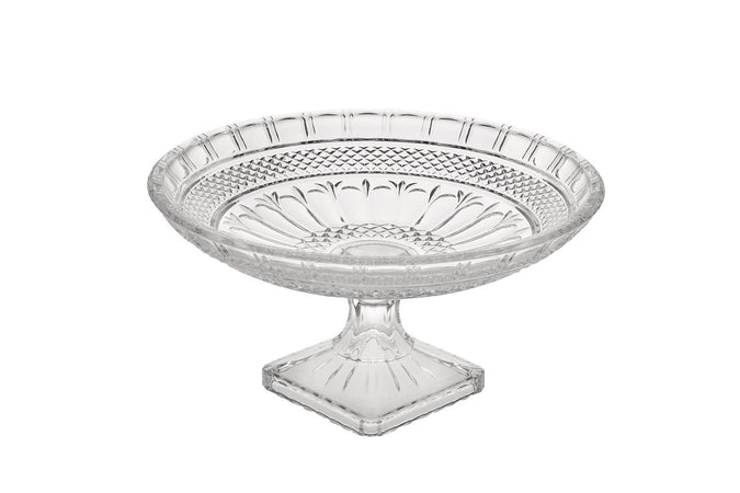 Alzatina in vetro trasparente Ø32 cm con design elegante, perfetta per servire dolci e frutta.