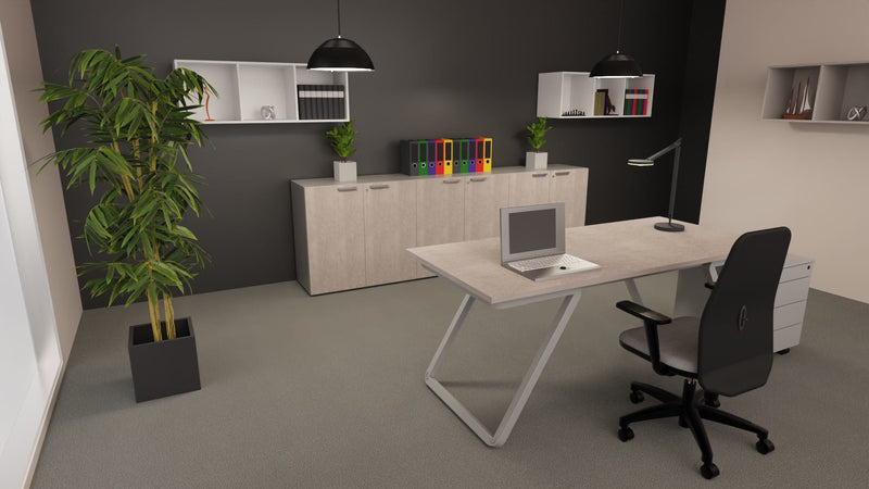 Scrivania ufficio con struttura in acciaio verniciato alluminio e piano superiore in melaminico cm. 160x80x75h