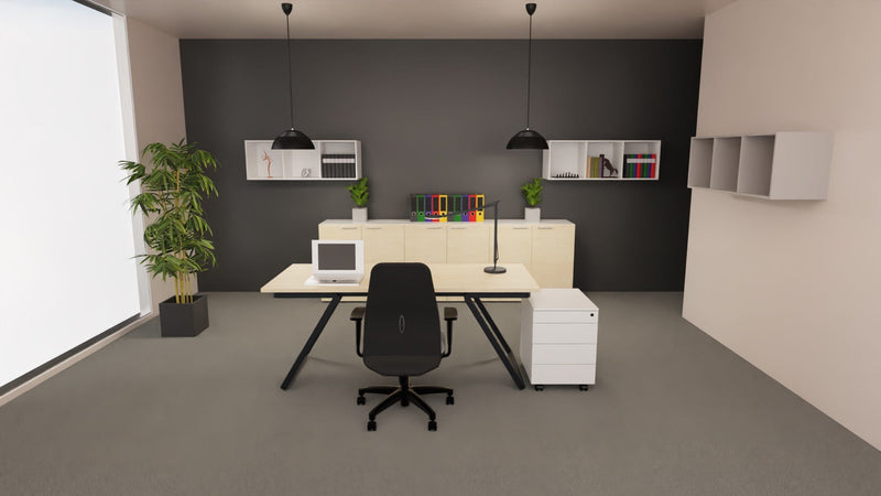 Scrivania operativa moderna con piano melaminico e struttura metallica nero ghisa cm. 180x80x75h