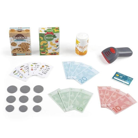 Smoby - Registratore di cassa - 30 accessori inclusi - Calcolatrice e Scanner con suoni e luci - Dai 3 anni