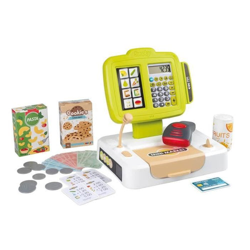 Smoby - Registratore di cassa - 30 accessori inclusi - Calcolatrice e Scanner con suoni e luci - Dai 3 anni