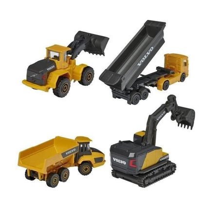 Scatola di 4 veicoli da cantiere Volvo in riproduzioni in metallo in scala 1/64 - Majorette