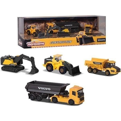 Scatola di 4 veicoli da cantiere Volvo in riproduzioni in metallo in scala 1/64 - Majorette