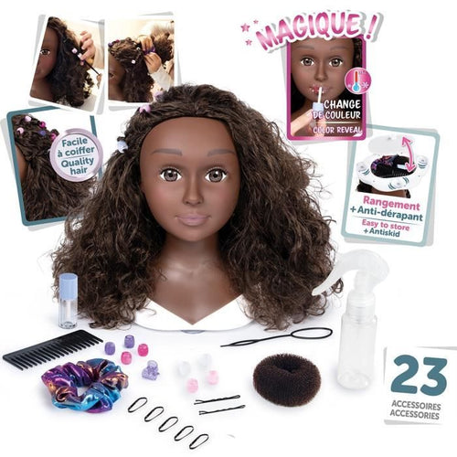 Smoby - Testa per acconciature afro - Facile da modellare - 23 accessori realistici - Labbra sensibili al calore - Sportello portaoggetti