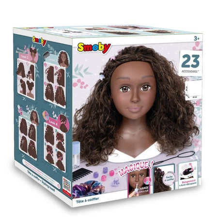 Smoby - Testa per acconciature afro - Facile da modellare - 23 accessori realistici - Labbra sensibili al calore - Sportello portaoggetti