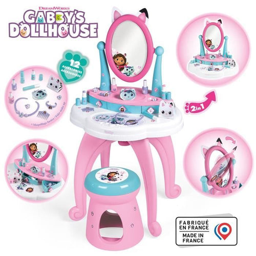 Smoby - Gabby e la Casa Magica - Toeletta per bambini 2 in 1 - Sgabello incluso - 12 accessori - Specchio orientabile