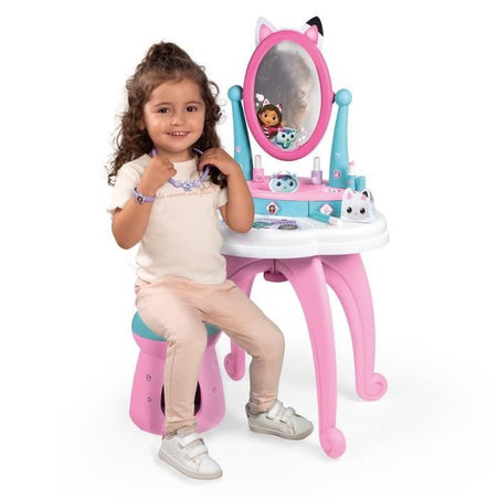 Smoby - Gabby e la Casa Magica - Toeletta per bambini 2 in 1 - Sgabello incluso - 12 accessori - Specchio orientabile