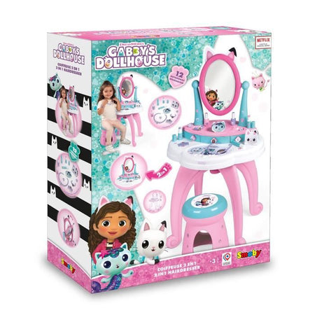 Smoby - Gabby e la Casa Magica - Toeletta per bambini 2 in 1 - Sgabello incluso - 12 accessori - Specchio orientabile