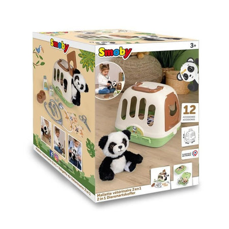 Smoby - Valigia veterinaria - 1 peluche panda e tanti accessori - Prodotto 2 in 1: Gabbia da trasporto - Produzione francese